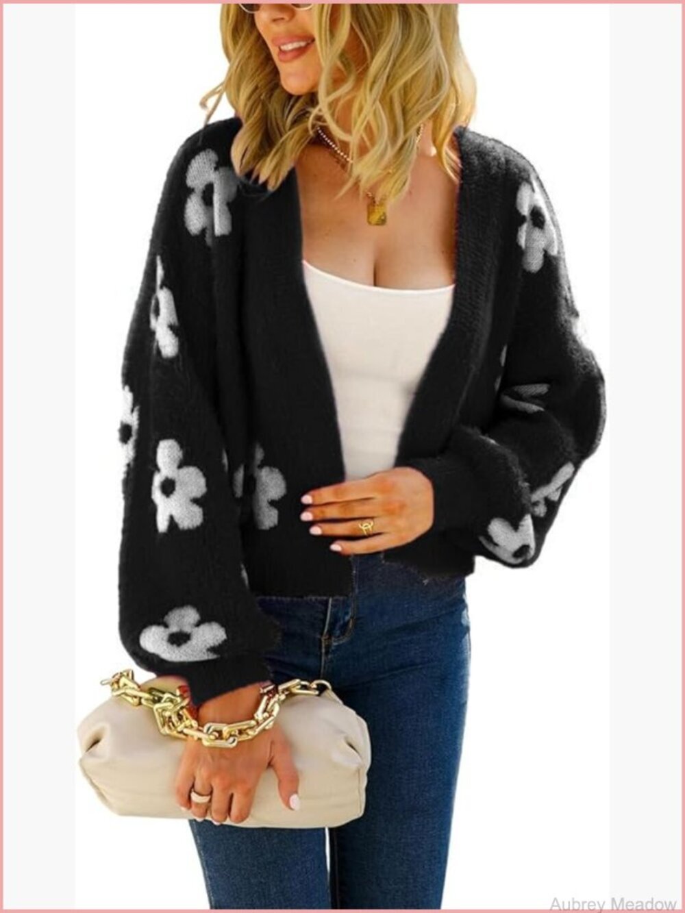Fuzzy Daisy Print Cropped Cardigan Open Front Knit Sweater V-Neck